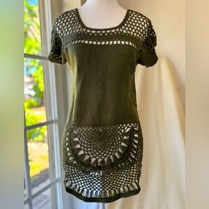 Olive Green Crochet Short Sleeve Tunic Top